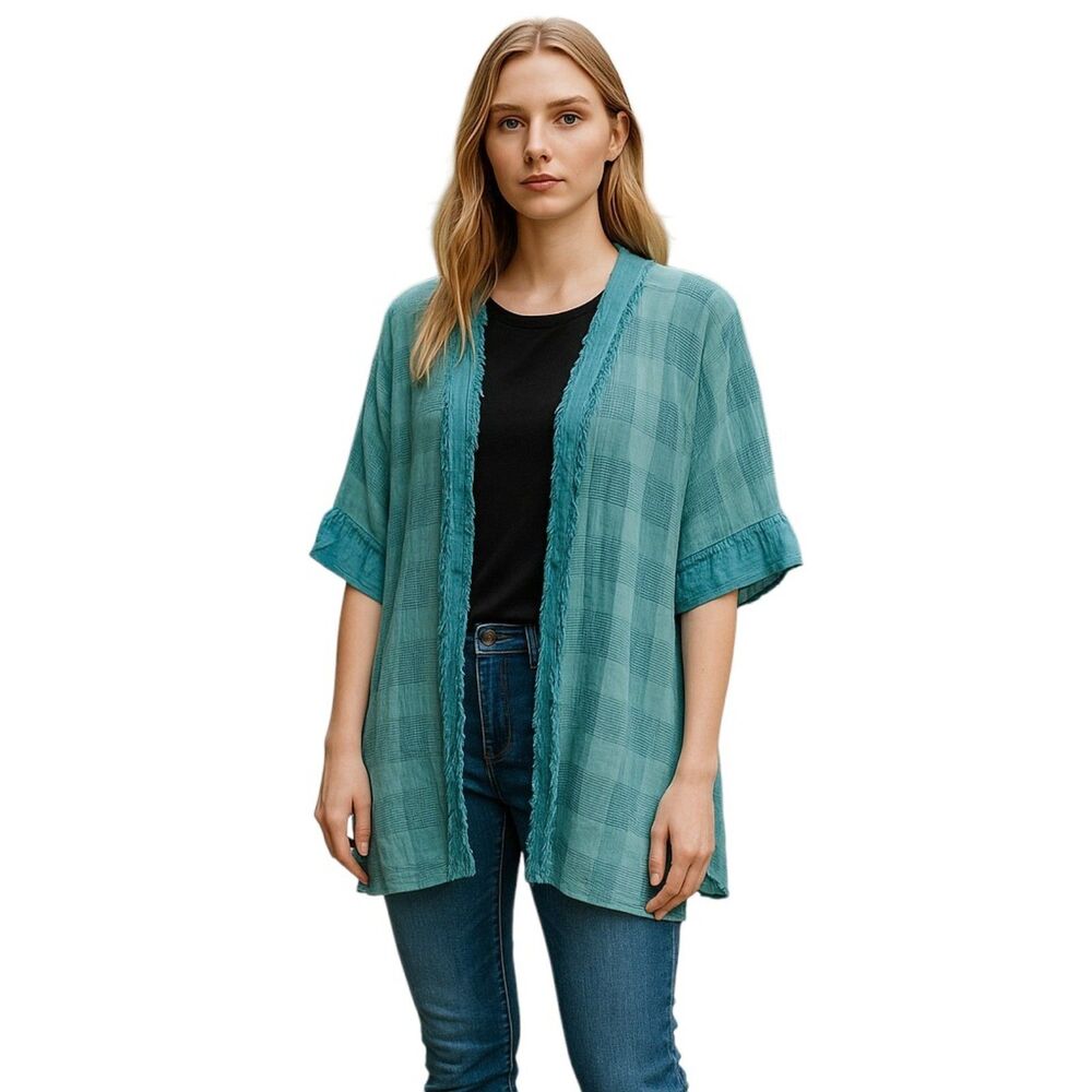 Umgee Fringe Kimono Cardigan S/M - Boho Blue